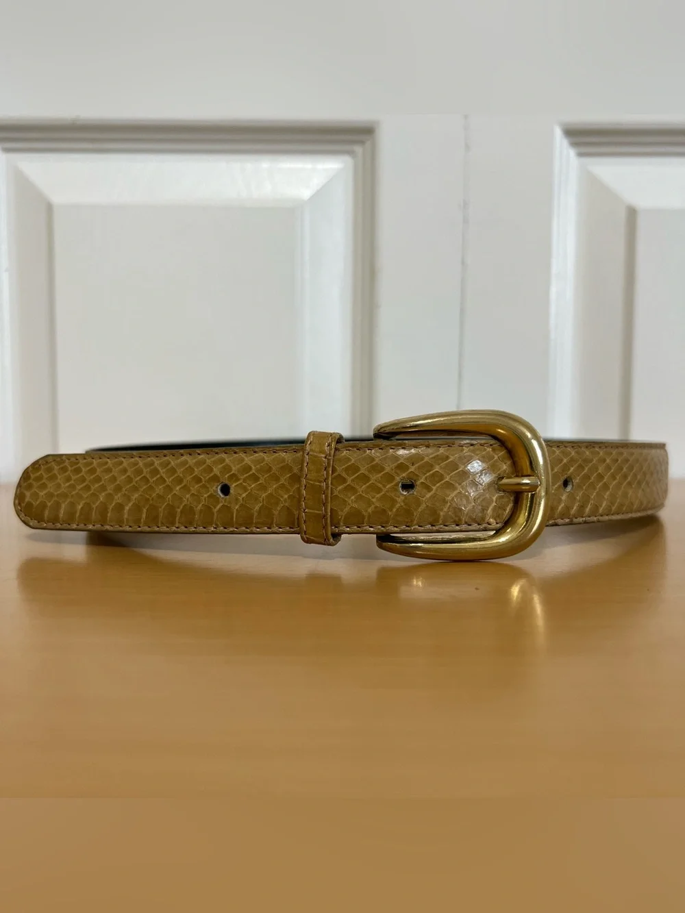 Women's Tan Snake Skin Leather Belt with Gold Buckle Size Small